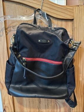 Tutilo Black Nylon & Faux Leather Backpack with Red Zipper Accent
